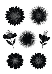 A collection of seven black silhouette floral illustrations in various shapes and sizes.