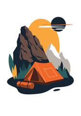 A scenic mountain landscape with a tent under the setting sun.