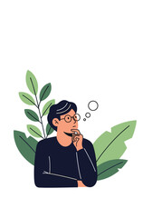 A person in glasses ponders thoughtfully surrounded by lush green leaves.