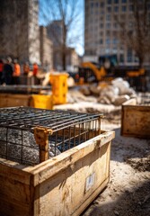 Wooden crates with stone and metal mesh on a construction site