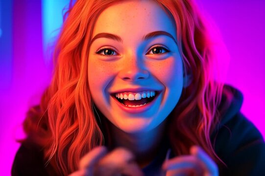 A 3D animated girl with orange hair, smiling and holding a video game controller, set against colorful lighting.