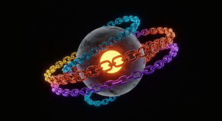 Dynamic visualization of interconnected data chains orbiting a glowing central core, illustrating secure digital network infrastructure and abstract technological systems