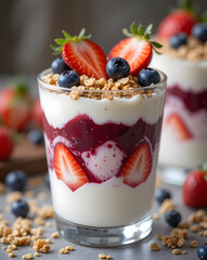 Layered yogurt parfait dessert with granola, strawberries, and blueberries served in glass cup