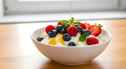 Colorful fruit bowl with assorted fresh berries including strawberries, blueberries, and kiwi on wooden table