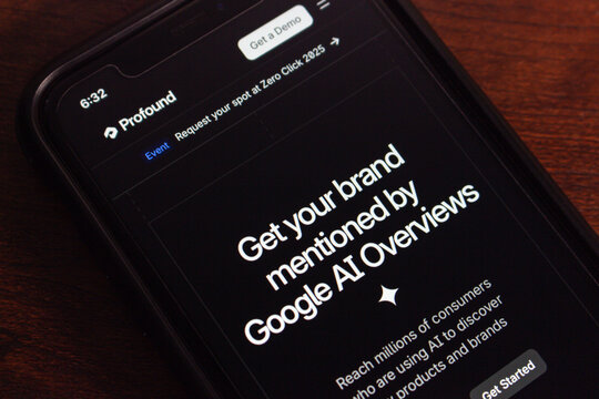 Mexico City, MEXICO - Sep 3 2025 : Close-up of a smartphone displaying the Profound AI website, promoting Google AI Overviews for brand exposure and marketing automation.