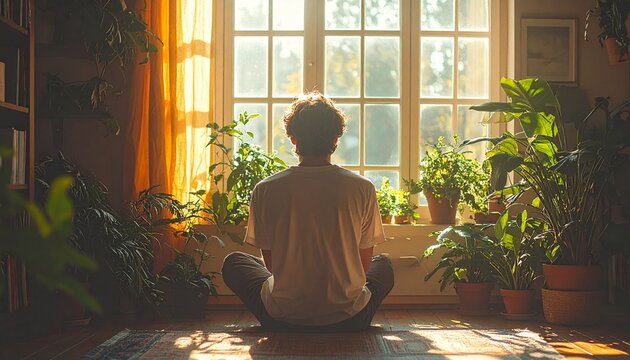 Embracing tranquility and mindfulness, a person meditates in a sun-drenched sanctuary at home, surrounded by the calm presence of green plants