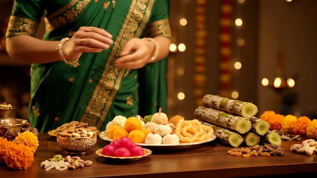 Woman in Traditional Attire Arranging Sweets and Offerings for Chhath Puja Celebration.