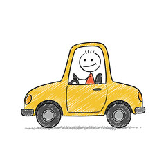 Fototapeta premium Happy Stick Figure Driving a Yellow Car - Cute Cartoon Doodle