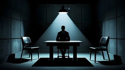 Dramatic Interrogation Room Scene with Silhouette of Person Sitting at Table Under Spotlight in Dark Empty Room Creating Crime Thriller Atmosphere