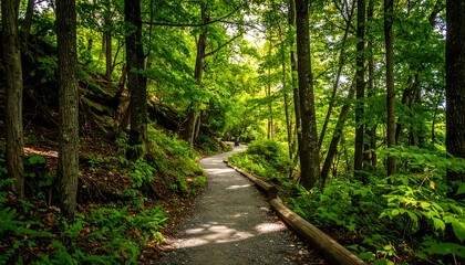 Fototapeta premium A winding path through a lush green forest, sunlight dappling through the canopy