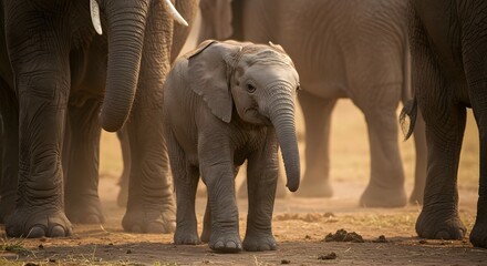 Fototapeta premium An adorable baby elephant stands amid a herd, dusty environment, soft lighting