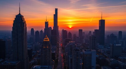 Fototapeta premium City skyline silhouetted against a vibrant sunset, with towering structures.