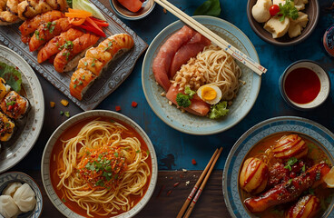 Assorted Asian Food Dishes with Noodles, Sushi, and Dim Sum from Top View