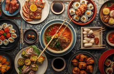 Assorted Asian Food Dishes with Noodles, Sushi, and Dim Sum from Top View