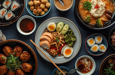 Assorted Asian Food Dishes with Noodles, Sushi, and Dim Sum from Top View