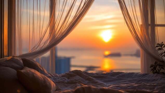 Sunrise view from a bedroom window with sheer curtains - Powered by Adobe