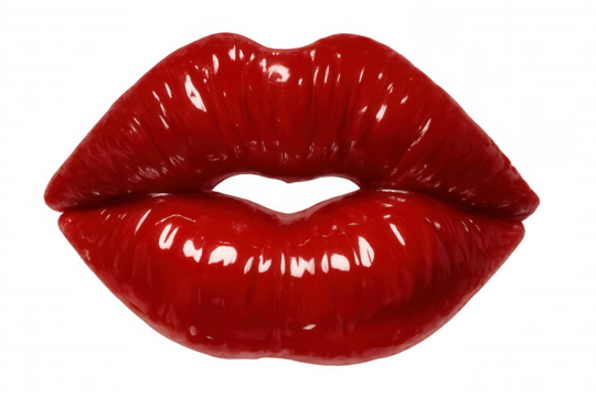 Sensual red lips with shiny gloss representing beauty, glamor, passion, and cosmetics, isolated on transparent background