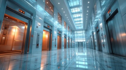 Fototapeta premium Elevator access point modern office lobby interior photography bright environment wide angle view corporate design