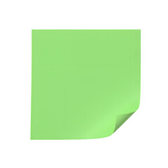 Green sticky note with curled corner. Realistic paper texture for design, reminder, or office concept. Isolated on white or transparent background. PNG format.