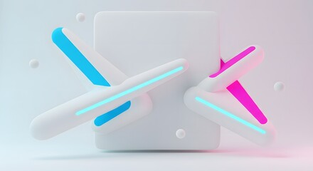 Abstract 3D render featuring a white cube and stylized jet forms with neon accents