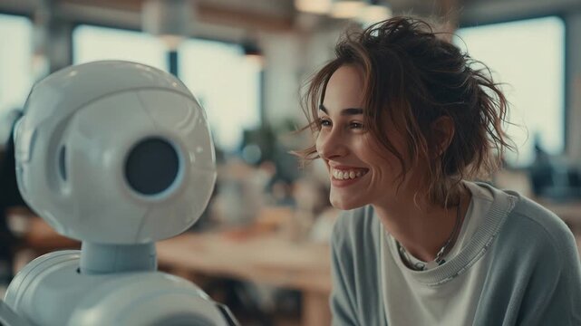 Young woman smiling and talking to a humanoid robot in a modern workspace, AI robot responding with friendly gestures.