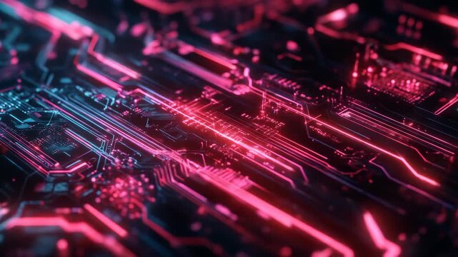 Circuit board with glowing connections for technology themes