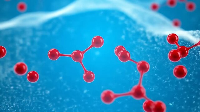 Abstract 3D Red Molecules Floating In Blue Bubbles