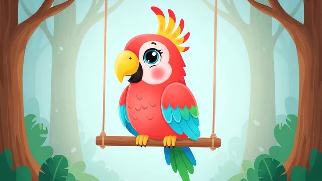 Adorable cartoon parrot on a swing in a vibrant jungle forest with lush green foliage and soft