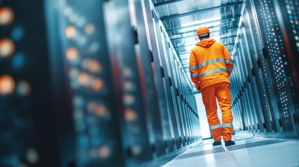 Data center worker inspects server rack modern facility technology environment professional viewpoint it management concept