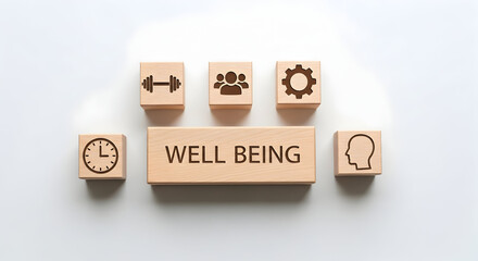 Holistic well being with fitness, community, time, and mind icons