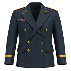 Formal double-breasted dark blue uniform jacket with gold trim and insignia.