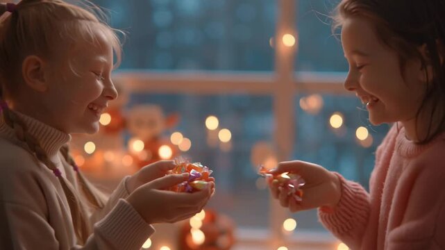 Close-up of candy being exchanged between children's hands. The reflection of Halloween lights on the glittery wrappers. Children's laughter.