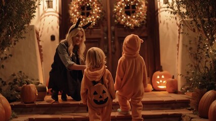 Children in cute Halloween costumes walk down a decorated front porch and hand out candy. Warm orange lights. Cozy autumn night. - Powered by Adobe