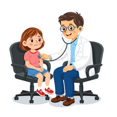 Friendly male doctor using stethoscope to examine worried little girl during routine checkup