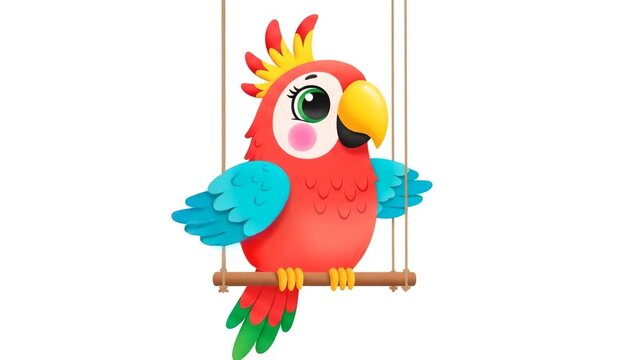 Adorable cartoon parrot swinging on a wooden perch with vibrant red blue and yellow feathers and