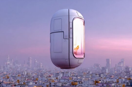 Futuristic Pod: A sleek, minimalist pod floats gracefully above a sprawling cityscape, inviting viewers to ponder the possibilities of future technology and urban living.