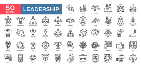 Leadership collection set. Perfomance , Leadership, Brainstroming, Decision Making ,Goal, Motivation ,Agreement, Teamwork, icon. Simple outline vector illustration