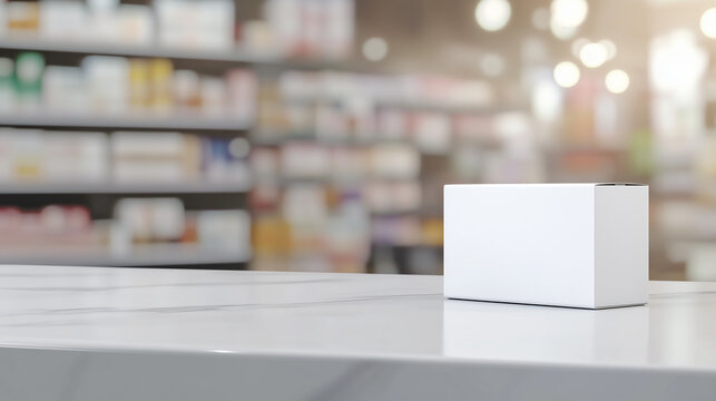 A crisp, white box sits poised on marble counter, its simple form contrasting with the array of products displayed blurred shelves in drugstore behind. - Powered by Adobe