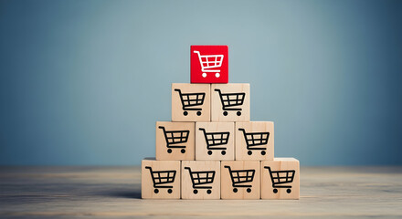 Pyramid of shopping carts signifies online sales success and e-commerce growth