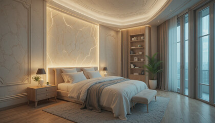 Luxurious bedroom features cozy bed with soft linens, illuminated by warm ambient lighting. Elegant decor includes plush rug, wooden furniture, and potted plant, creating serene atmosphere