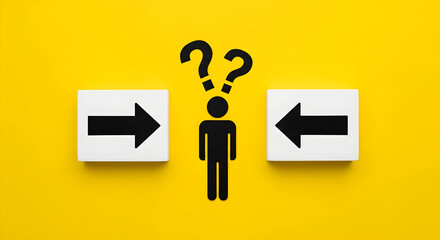 Person pondering between two opposite direction arrows and question marks