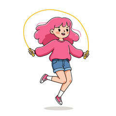 A cute cartoon girl with pink hair is happily jumping rope (skipping) with a yellow rope.

