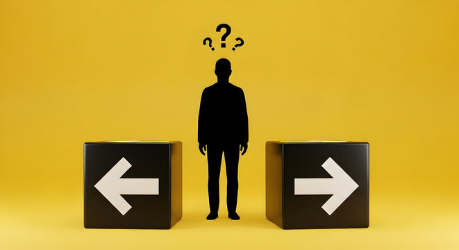 Confused silhouette faces two paths, symbolizing decision-making and choice