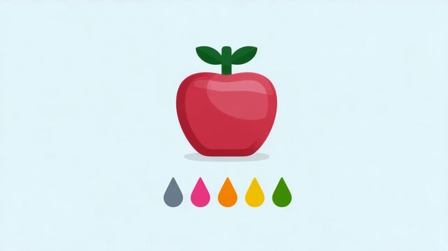 Red apple fruit illustration with green leaf, simple flat design, isolated light blue background, featuring colorful drops below gray, pink, yellow, orange, and green, representing creativity