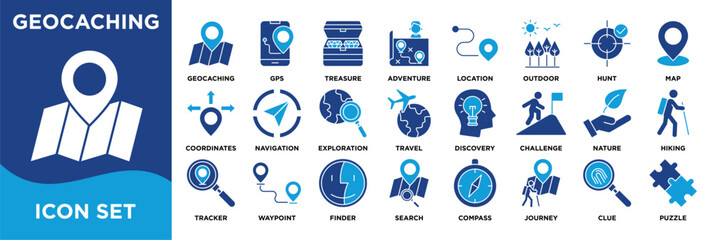 Geocaching  icon collection set. Containing geocaching, treasure, adventure, location, outdoor, hunt icon. solid vector.