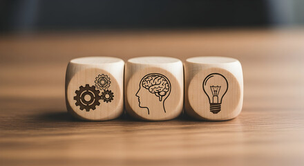 Process, ideas, and innovation visualized on wooden cubes for business strategy