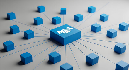 Connected network of blue cubes with handshake icon symbolizing partnership