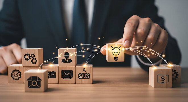 Business strategy cubes connect to lightbulb idea