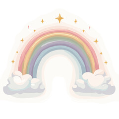 Pastel rainbow arches over fluffy clouds with sparkling stars in a dreamy sky scene
