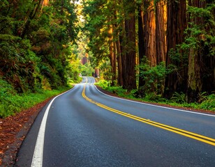 Obraz premium A winding paved road through a towering forest of large trees, sunlight streaming through
